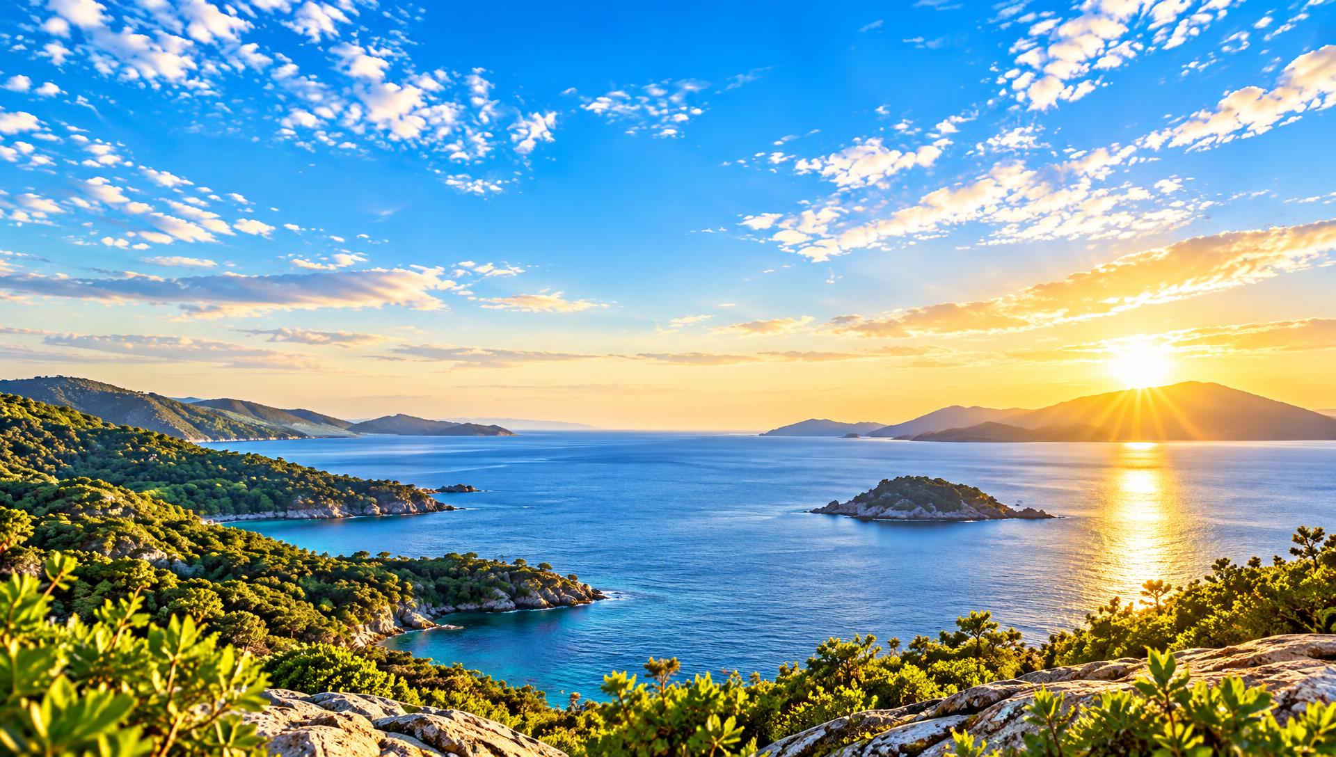 Bright blue sky and golden sunrise over a welcoming green coastline and calm sea